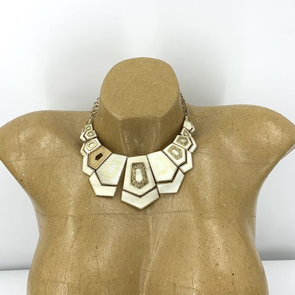 Akola Gold Tone & Bone Hexagon Bib Necklace *AS IS* - Picture 2 of 10